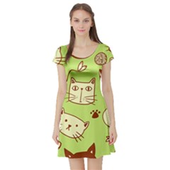 Cute Hand Drawn Cat Seamless Pattern Short Sleeve Skater Dress by Bedest