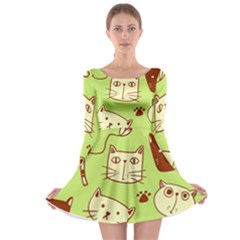 Cute Hand Drawn Cat Seamless Pattern Long Sleeve Skater Dress by Bedest