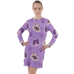 Cute Colorful Cat Kitten With Paw Yarn Ball Seamless Pattern Long Sleeve Hoodie Dress by Bedest