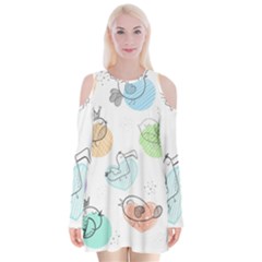 Cartoon Bird Cute Doodle Bird Velvet Long Sleeve Shoulder Cutout Dress by Bedest