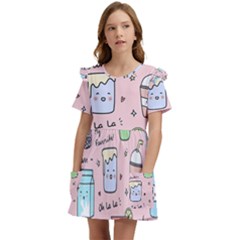 Drink Cocktail Doodle Coffee Kids  Frilly Sleeves Pocket Dress by Apen