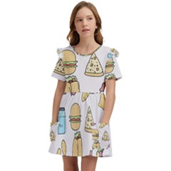 Dinner Meal Food Snack Fast Food Kids  Frilly Sleeves Pocket Dress by Apen