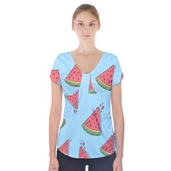 Watermelon Fruit Pattern Tropical Short Sleeve Front Detail Top by Apen