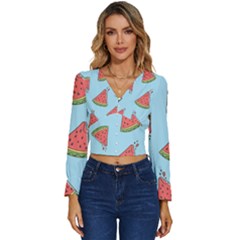 Watermelon Fruit Pattern Tropical Long Sleeve V-neck Top by Apen