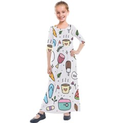 Doodle Fun Food Drawing Cute Kids  Quarter Sleeve Maxi Dress by Apen