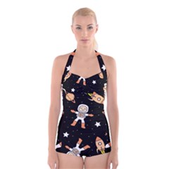 Astronaut Space Rockets Spaceman Boyleg Halter Swimsuit  by Ravend