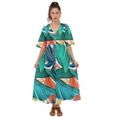 Leaves Tropical Exotic Green Plant Kimono Sleeve Boho Dress by Ravend