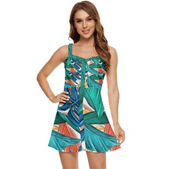 Leaves Tropical Exotic Green Plant Ruffle Edge Bra Cup Chiffon Mini Dress by Ravend