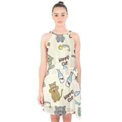 Cute Astronaut Cat With Star Galaxy Elements Seamless Pattern Halter Collar Waist Tie Chiffon Dress by Grandong