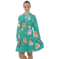 Seamless Pattern Cute Cat Cartoon With Hand Drawn Style All Frills Chiffon Dress by Grandong