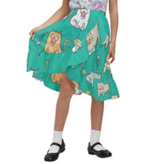 Seamless Pattern Cute Cat Cartoon With Hand Drawn Style Kids  Ruffle Flared Wrap Midi Skirt by Grandong