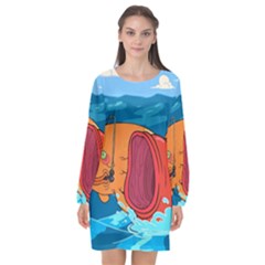 Adventure Time Fish Landscape Long Sleeve Chiffon Shift Dress  by Sarkoni