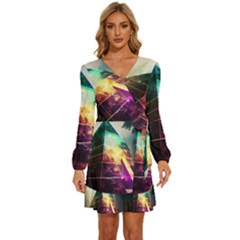 Tropical Forest Jungle Ar Colorful Midjourney Spectrum Trippy Psychedelic Nature Trees Pyramid Long Sleeve Waist Tie Ruffle Velvet Dress by Sarkoni