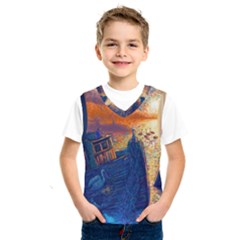 Digital Art Fantasy Impressionism Painting Ship Boat Psychedelic Peacock Mushroom Flamingos Hipwreck Kids  Basketball Tank Top by Sarkoni