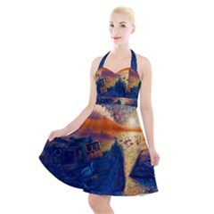 Digital Art Fantasy Impressionism Painting Ship Boat Psychedelic Peacock Mushroom Flamingos Hipwreck Halter Party Swing Dress  by Sarkoni