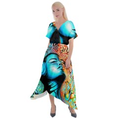 Color Detail Dream Fantasy Neon Psychedelic Teaser Cross Front Sharkbite Hem Maxi Dress by Sarkoni