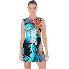 Color Detail Dream Fantasy Neon Psychedelic Teaser Lace Up Front Bodycon Dress by Sarkoni