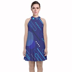 Classic Blue Background Abstract Style Velvet Halter Neckline Dress  by Bedest