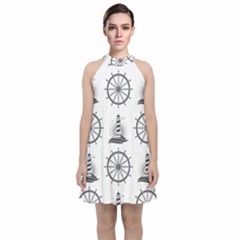 Marine Nautical Seamless Pattern With Vintage Lighthouse Wheel Velvet Halter Neckline Dress  by Bedest