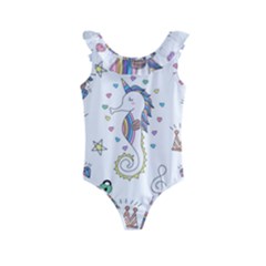 Seamless Pattern Cute Unicorn Cartoon Hand Drawn Kids  Frill Swimsuit by Bedest