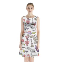 Fantasy Things Doodle Style Vector Illustration Sleeveless Waist Tie Chiffon Dress by Bedest