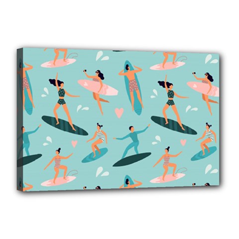 Beach Surfing Surfers With Surfboards Surfer Rides Wave Summer Outdoors Surfboards Seamless Pattern Canvas 18  X 12  (stretched) by Bedest