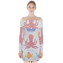 Underwater Seamless Pattern Light Background Funny Long Sleeve Off Shoulder Dress by Bedest