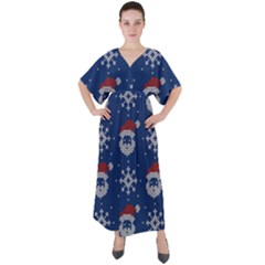 Santa Clauses Wallpaper V-neck Boho Style Maxi Dress by artworkshop