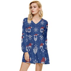 Santa Clauses Wallpaper Tiered Long Sleeve Mini Dress by artworkshop