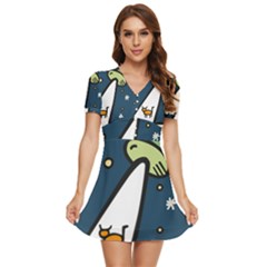 Ufo Alien Unidentified Flying Object V-neck High Waist Chiffon Mini Dress by Sarkoni