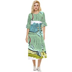 Fish Hook Worm Bait Water Hobby Double Cuff Midi Dress by Sarkoni