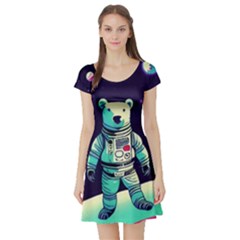 Bear Astronaut Futuristic Short Sleeve Skater Dress by Bedest