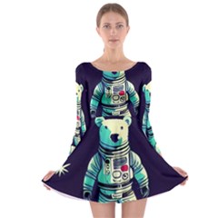 Bear Astronaut Futuristic Long Sleeve Skater Dress by Bedest