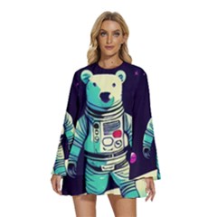 Bear Astronaut Futuristic Round Neck Long Sleeve Bohemian Style Chiffon Mini Dress by Bedest