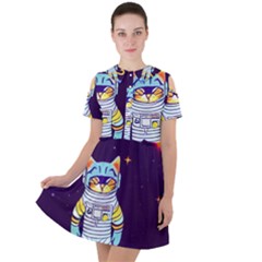 Cat Astronaut Space Retro Universe Short Sleeve Shoulder Cut Out Dress  by Bedest