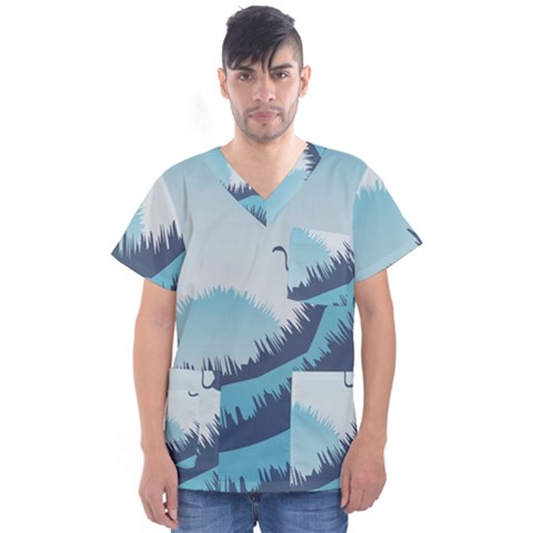 Swan Flying Bird Wings Waves Grass Men s V-neck Scrub Top by Bedest