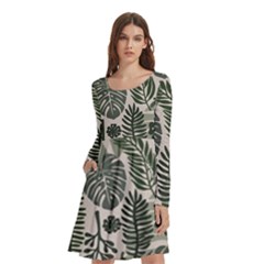 Plants Leaves Boho Botany Foliage Long Sleeve Knee Length Skater Dress With Pockets by Bedest