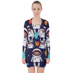 Boy Spaceman Space Rocket Ufo Planets Stars V-neck Bodycon Long Sleeve Dress by Ndabl3x