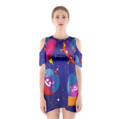 Cartoon Funny Aliens With Ufo Duck Starry Sky Set Shoulder Cutout One Piece Dress by Ndabl3x