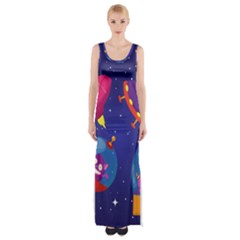 Cartoon Funny Aliens With Ufo Duck Starry Sky Set Thigh Split Maxi Dress by Ndabl3x