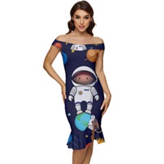 Boy Spaceman Space Rocket Ufo Planets Stars Off Shoulder Ruffle Split Hem Bodycon Dress by Ndabl3x