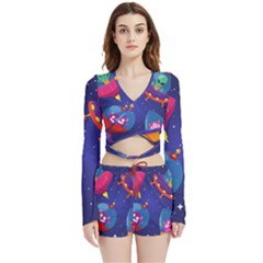 Cartoon Funny Aliens With Ufo Duck Starry Sky Set Velvet Wrap Crop Top And Shorts Set by Ndabl3x