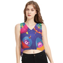 Cartoon Funny Aliens With Ufo Duck Starry Sky Set V-neck Cropped Tank Top by Ndabl3x