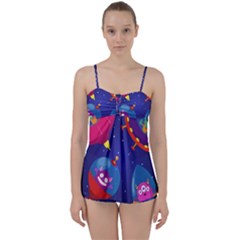 Cartoon Funny Aliens With Ufo Duck Starry Sky Set Babydoll Tankini Set by Ndabl3x