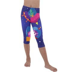 Cartoon Funny Aliens With Ufo Duck Starry Sky Set Kids  Lightweight Velour Capri Leggings  by Ndabl3x