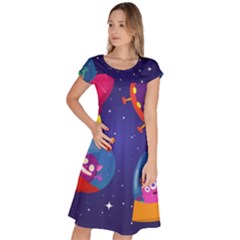 Cartoon Funny Aliens With Ufo Duck Starry Sky Set Classic Short Sleeve Dress by Ndabl3x