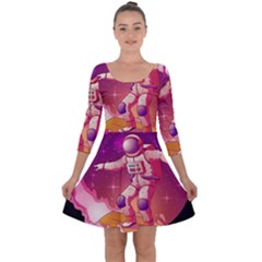 Astronaut Spacesuit Standing Surfboard Surfing Milky Way Stars Quarter Sleeve Skater Dress by Ndabl3x