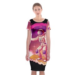 Astronaut Spacesuit Standing Surfboard Surfing Milky Way Stars Classic Short Sleeve Midi Dress by Ndabl3x