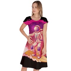 Astronaut Spacesuit Standing Surfboard Surfing Milky Way Stars Classic Short Sleeve Dress by Ndabl3x