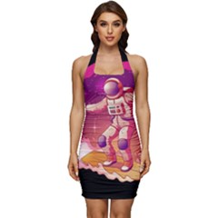 Astronaut Spacesuit Standing Surfboard Surfing Milky Way Stars Sleeveless Wide Square Neckline Ruched Bodycon Dress by Ndabl3x